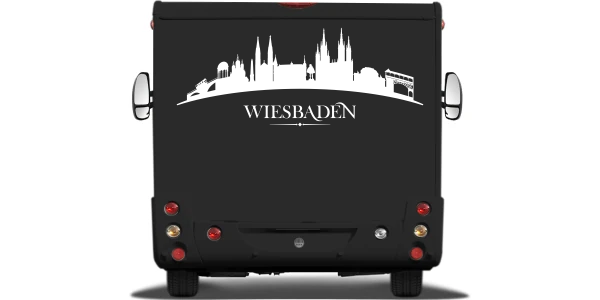 Wohnwagenaufkleber Skyline Wiesbaden auf Heck von Wohnmobil oder Wohnwagen - Ansicht Farbauswahl