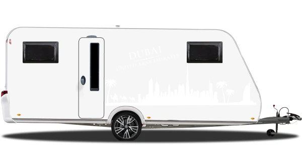 Wohnmobilsticker Skyline Dubai auf hellem Wohnwagen - Ansicht Farbauswahl
