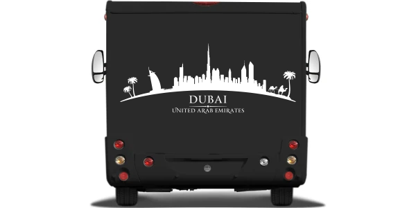 Wohnmobilsticker Skyline Dubai auf Heck von Wohnmobil oder Wohnwagen - Ansicht Farbauswahl