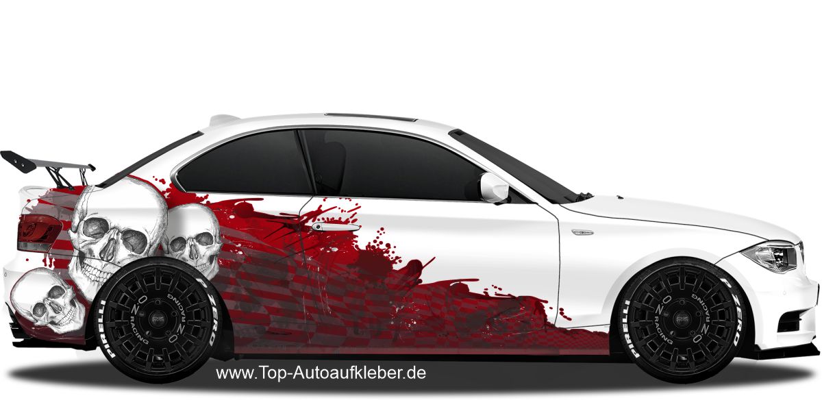 Autoaufkleber Totenköpfe auf Blutflecken und Zielflagge