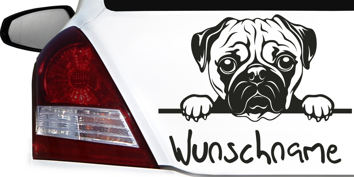Autoaufkleber mit Wunschname in Wunschfarbe Mops Hundemotiv 