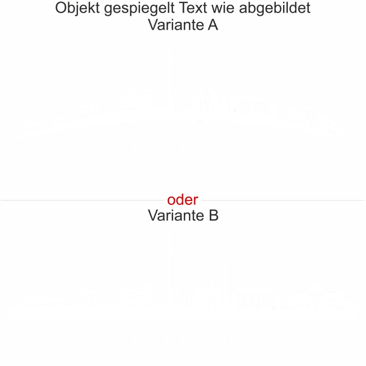 Stuttgarter Skyline als Aufkleber für die Heckscheibe - Ansicht Ausrichtung mit Farbauswahl und Variante Stuttgarter Skyline als Aufkleber für die Heckscheibe - Ansicht Ausrichtung mit Farbauswahl und Variante