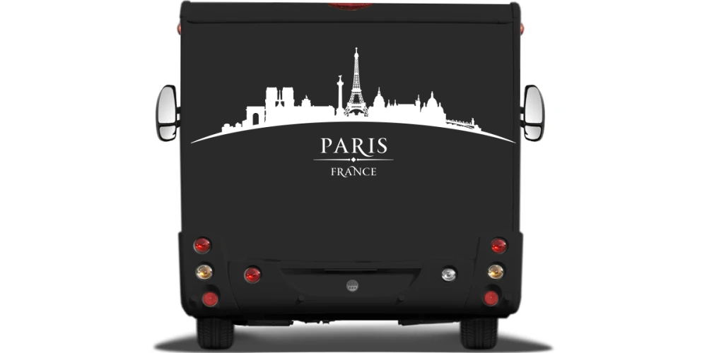 Wohnmobilfolie Skyline von Paris auf Heck von Wohnmobil oder Wohnwagen - Ansicht Farbauswahl Wohnmobilfolie Skyline von Paris auf Heck von Wohnmobil oder Wohnwagen - Ansicht Farbauswahl