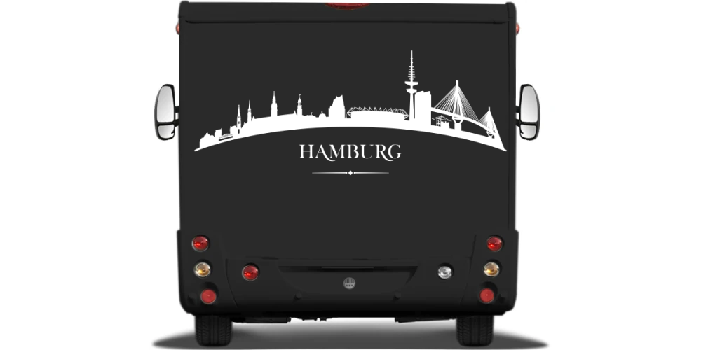 Caravandekor Skyline von Hamburg auf Heck von Wohnmobil oder Wohnwagen - Ansicht Farbauswahl