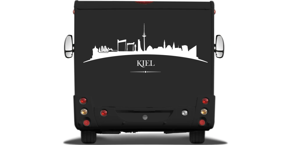 Wohnmobilaufkleber Skyline von Kiel auf Heck von Wohnmobil oder Wohnwagen - Ansicht Farbauswahl Wohnmobilaufkleber Skyline von Kiel auf Heck von Wohnmobil oder Wohnwagen - Ansicht Farbauswahl