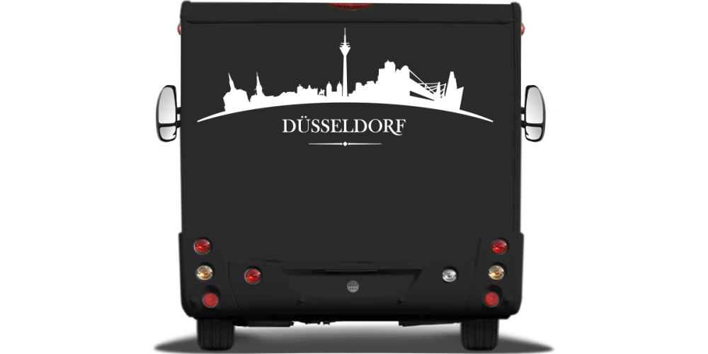 Caravandekor Skyline Düsseldorf auf Heck von Wohnmobil oder Wohnwagen - Ansicht Farbauswahl Caravandekor Skyline Düsseldorf auf Heck von Wohnmobil oder Wohnwagen - Ansicht Farbauswahl