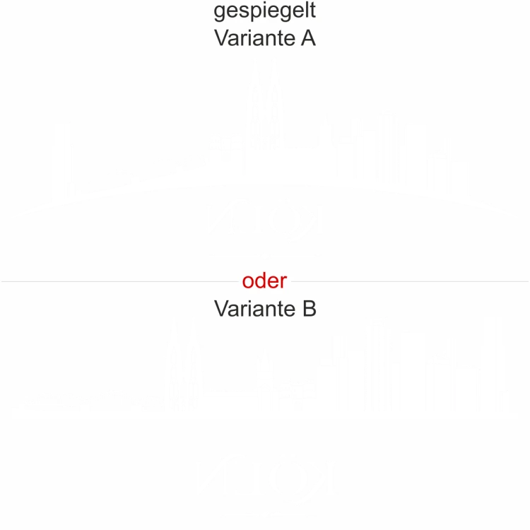Kölner Skyline als Aufkleber für die Heckscheibe - Ansicht Ausrichtung mit Farbauswahl und Variante Kölner Skyline als Aufkleber für die Heckscheibe - Ansicht Ausrichtung mit Farbauswahl und Variante