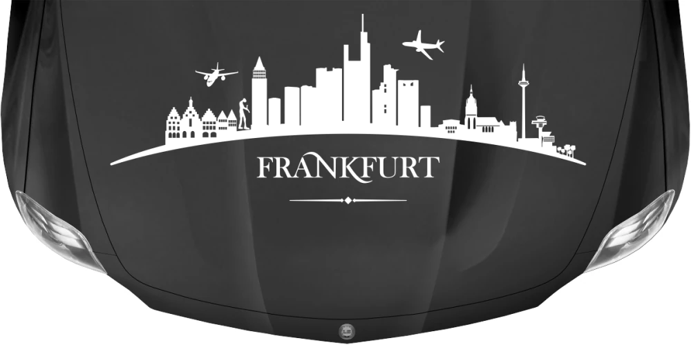 Skyline von Frankfurt als Caravansticker auf dunkler Motorhaube - Ansicht Farbauswahl