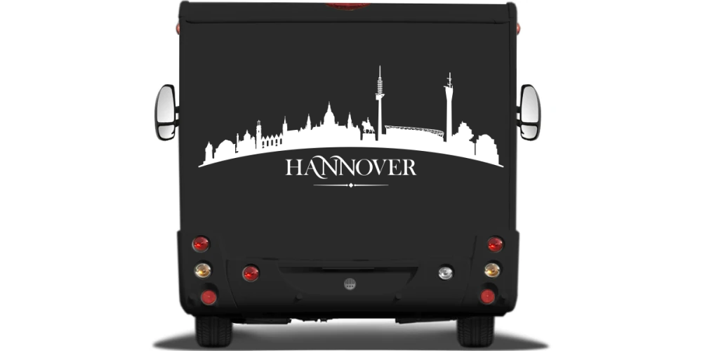 Caravandekor Skyline Hannover auf Heck von Wohnmobil oder Wohnwagen - Ansicht Farbauswahl Caravandekor Skyline Hannover auf Heck von Wohnmobil oder Wohnwagen - Ansicht Farbauswahl