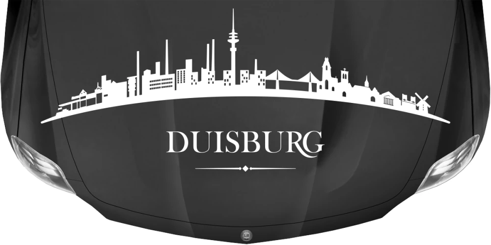 Wohnmobildekor Skyline Duisburg auf dunkler Motorhaube - Ansicht Farbauswahl