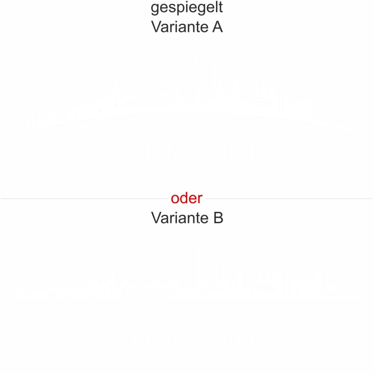 Heckscheibensticker mit Silhouette von Duisburg - Ansicht Ausrichtung mit Farbauswahl und Variante