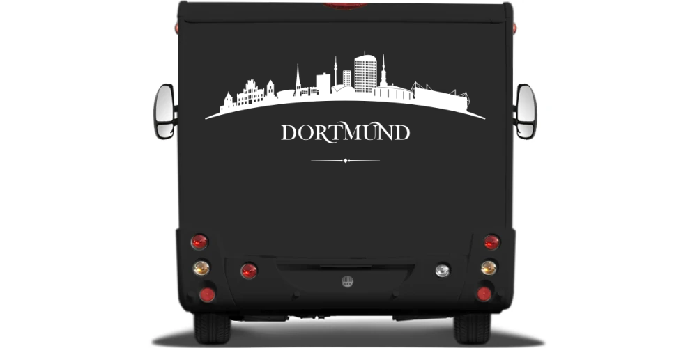 Skyline von Dortmund als Wohnwagendekor auf Heck von Wohnmobil oder Wohnwagen - Ansicht Farbauswahl