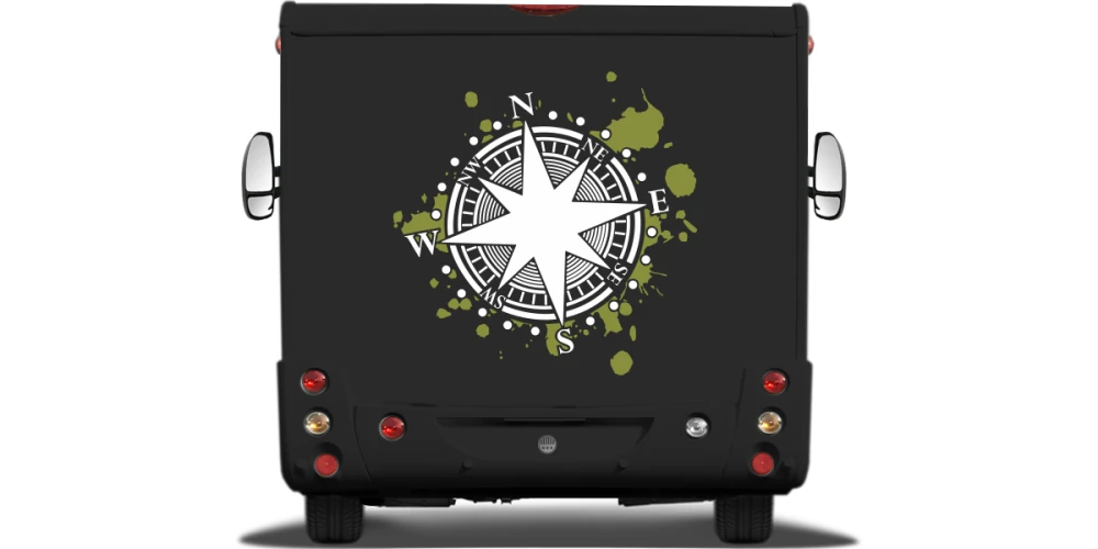 Aufkleber fürs Wohnmobil mit Kompass und Farbklecks auf Heck von Wohnmobil oder Wohnwagen