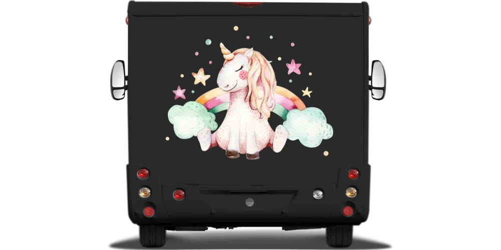 Autoaufkleber Einhorn im Digitaldruck auf Heck von Wohnmobil Autoaufkleber Einhorn im Digitaldruck auf Heck von Wohnmobil