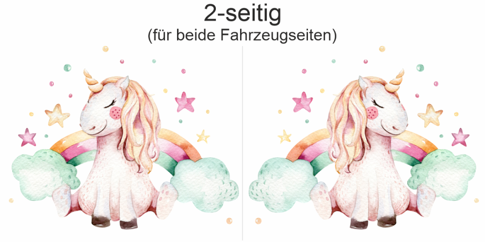 Einhorn Aufkleber fürs Auto - Ansicht zweiseitig für beide Fahrzeugseiten