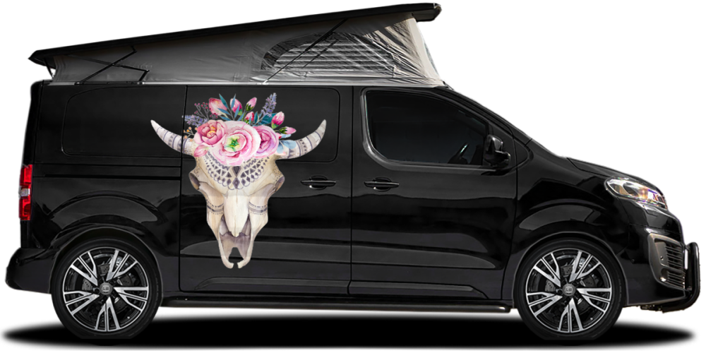 Einhorn Aufkleber fürs Auto auf dunklem Campervan