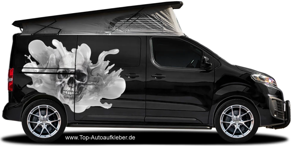 Autoaufkleber Totenschädel Splash auf dunklem Van in Wunschfarbe