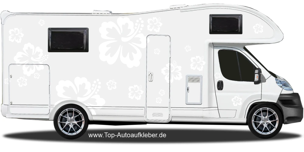 Aufkleber Hibiskus Blüten auf hellem Reisemobil -  Ansicht Farbauswahl