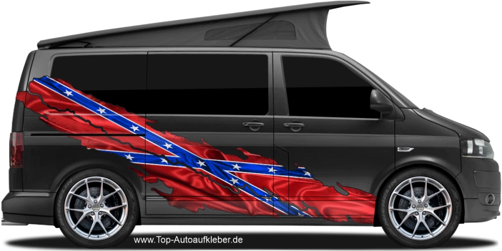 Aufkleber Konföderierte Staaten von Amerika auf Fahrzeugseite von dunklem Camper Van