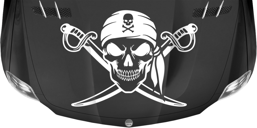 Aufkleber Totenkopf mit gekreuzten Schwertern auf dunkler Motorhaube - Farbauswahl
