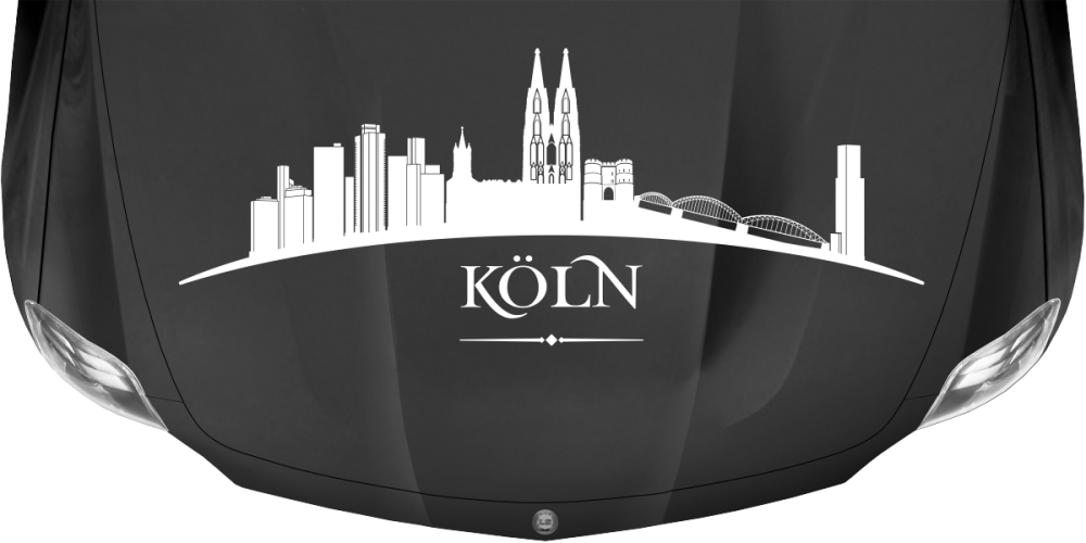 Skyline der Stadt Köln als Aufkleber für Wohnwagen auf dunkler Motorhaube - Ansicht Farbauswahl Skyline der Stadt Köln als Aufkleber für Wohnwagen auf dunkler Motorhaube - Ansicht Farbauswahl
