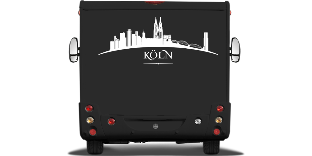 Skyline der Stadt Köln als Aufkleber für Wohnwagen auf Heck von Wohnmobil oder Wohnwagen - Ansicht Farbauswahl Skyline der Stadt Köln als Aufkleber für Wohnwagen auf Heck von Wohnmobil oder Wohnwagen - Ansicht Farbauswahl