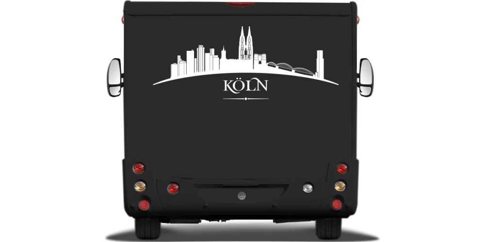 Skyline der Stadt Köln als Aufkleber für Wohnwagen auf Heck von Wohnmobil oder Wohnwagen - Ansicht Farbauswahl Skyline der Stadt Köln als Aufkleber für Wohnwagen auf Heck von Wohnmobil oder Wohnwagen - Ansicht Farbauswahl