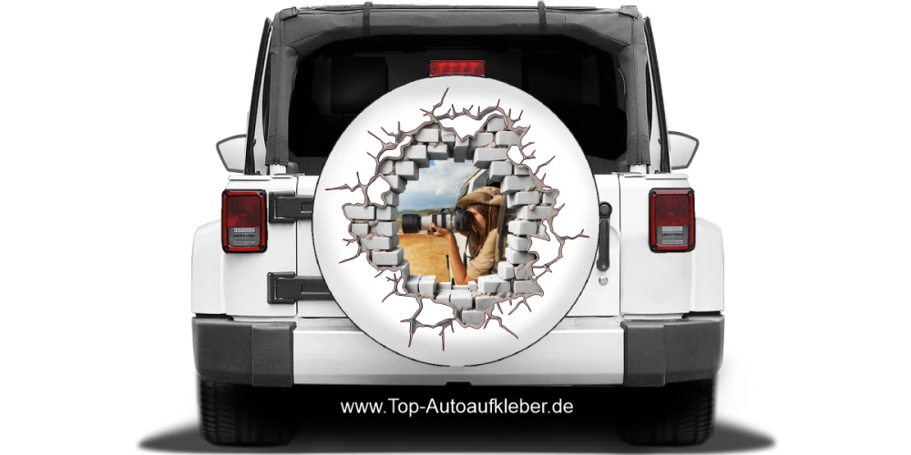 Auto Aufkleber 3D Loch in der Mauer mit Eigenem Foto auf Heck von einem Jeep