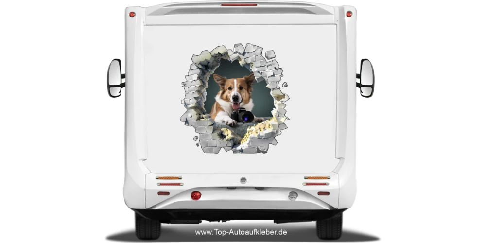 Aufkleber Loch in der Wand mit Eigenem Hundefoto auf dem Heck von Wohnmobil oder Wohnwagen