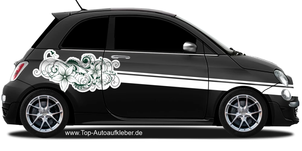 Autoaufkleber Blumenornament auf Fahrzeugseite von dunklem PKW - Farbauswahl