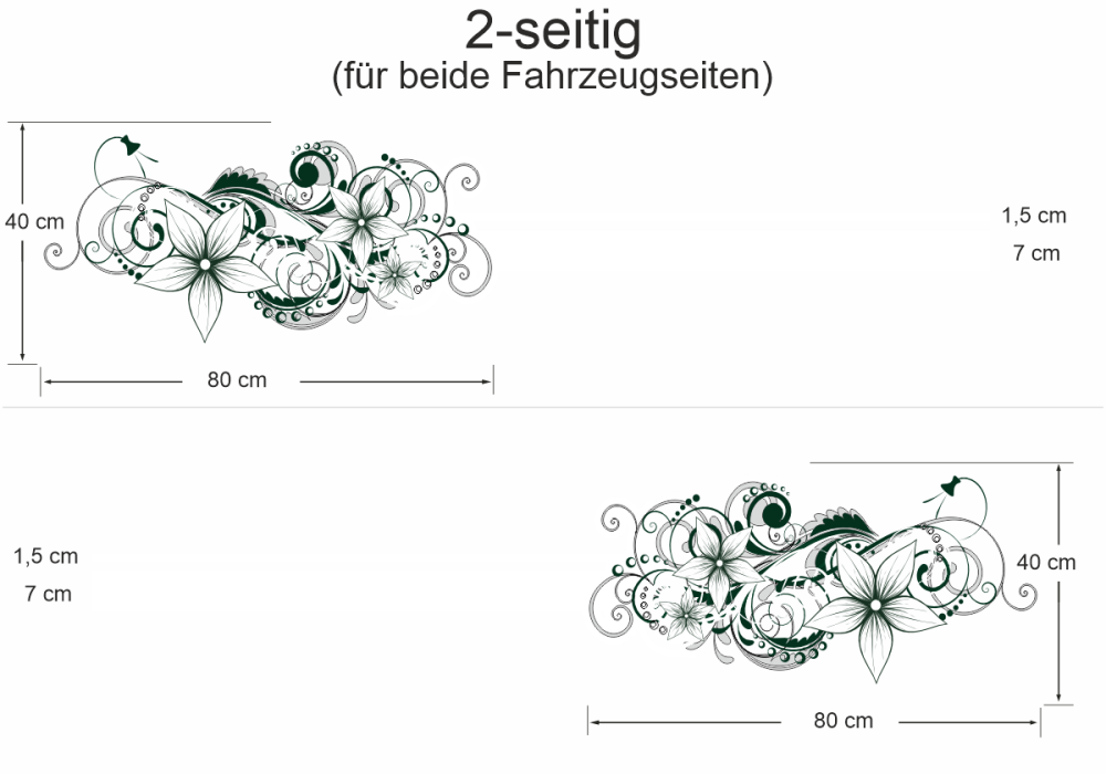Autoaufkleber Blumenornament - Ansicht zweiseitig für beide Fahrzeugseiten und Farbauswahl