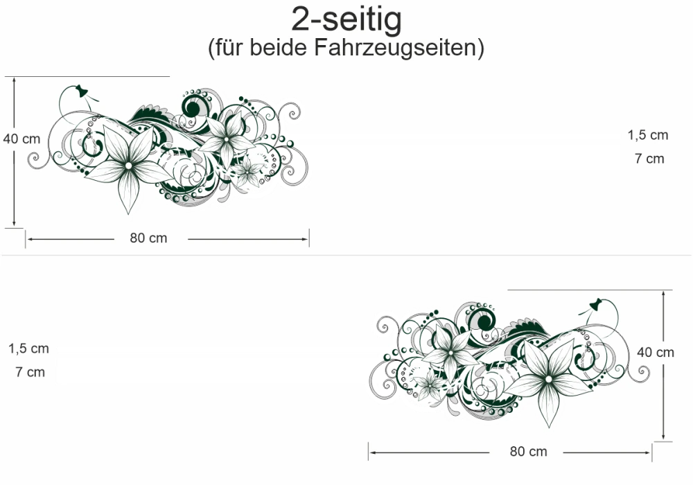 Autoaufkleber Blumenornament - Ansicht zweiseitig für beide Fahrzeugseiten und Farbauswahl