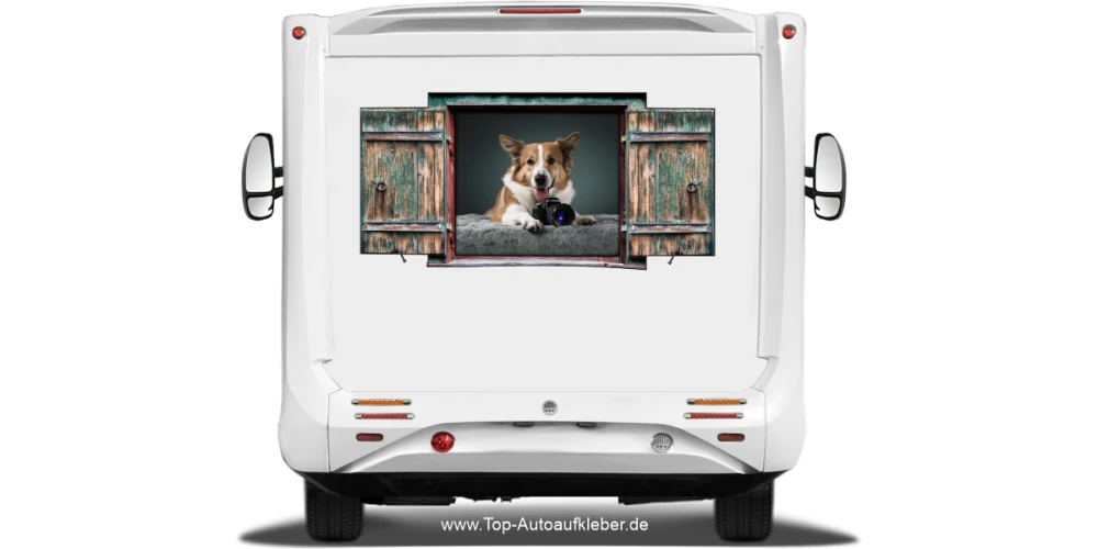 Autoaufkleber Eigenes Hundefoto mit Fenster auf dem Heck von Wohnmobil oder Wohnwagen