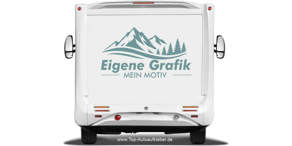Autoaufkleber Eigenes Motiv einfarbig auf hellem Heck eines Reisemobils