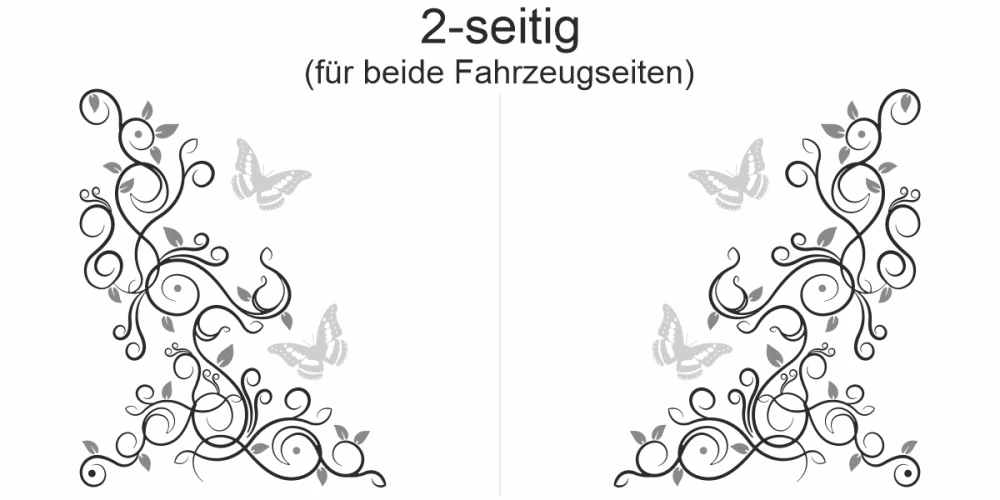 Blumenornament mit Schmetterlingen als bunter Autoaufkleber  - Ansicht zweiseitig für beide Fahrzeugseiten