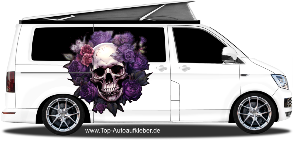 Autoaufkleber Rosen Totenkopf auf hellem Campervan