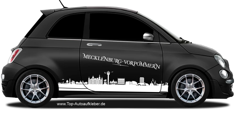Autoaufkleber Skyline Mecklenburg-Vorpommern auf dunklem PKW - Ansicht Farbauswahl