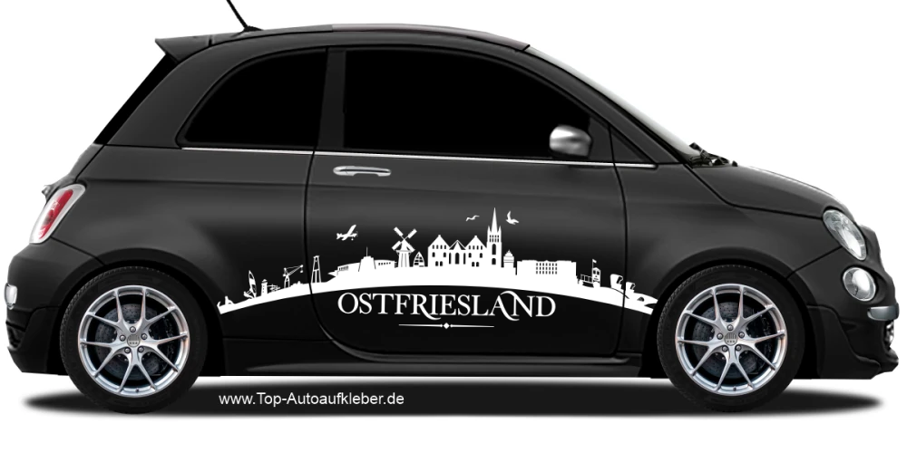 Autoaufkleber Skyline Ostfriesland auf dunklem PKW - Ansicht Farbauswahl