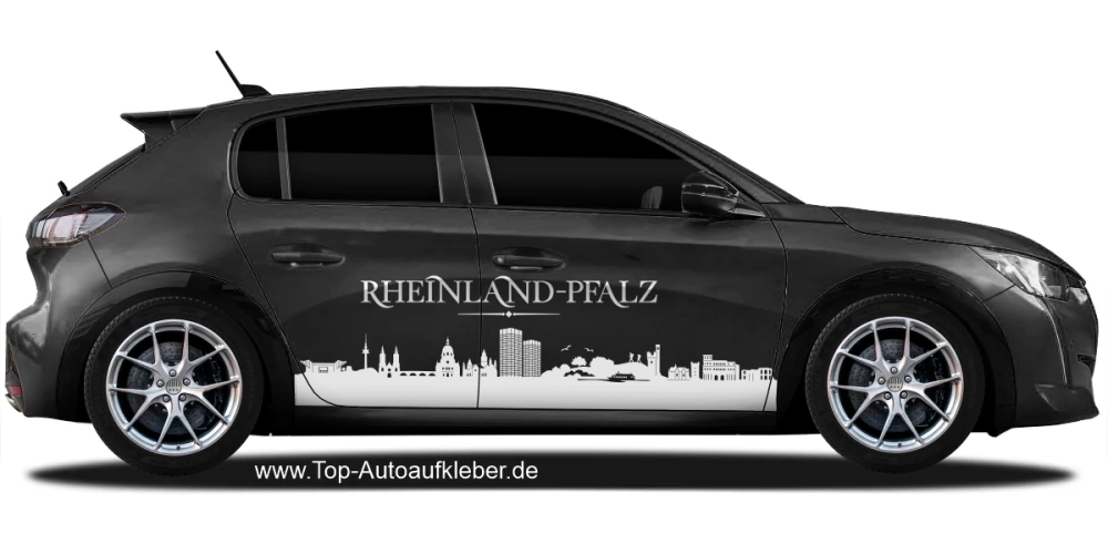 Autoaufkleber Skyline Rheinland-Pfalz auf dunklem PKW - Ansicht Farbauswahl
