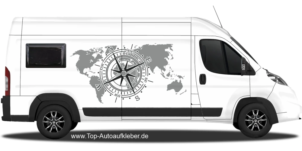 Autoaufkleber Windrose mit Atlas auf hellem Camper