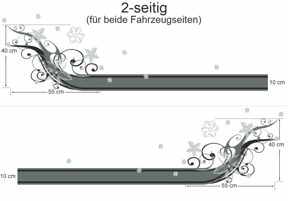 Autoaufkleber Zierstreifen im Blumendesign - Ansicht zweiseitig für beide Fahrzeugseiten