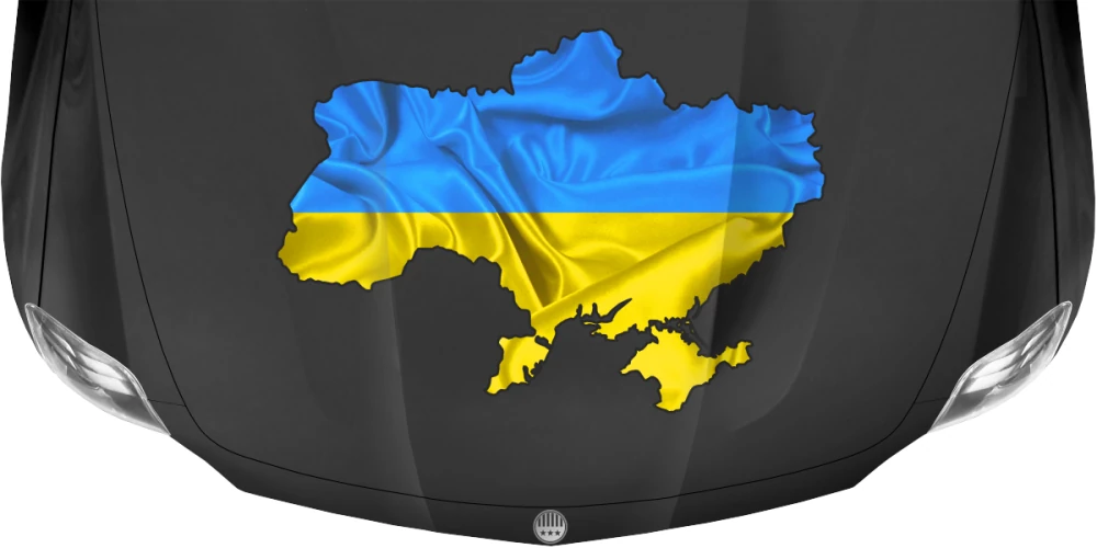 Autodekor Flagge Karte der Ukraine auf Motorhaube von dunklem PKW