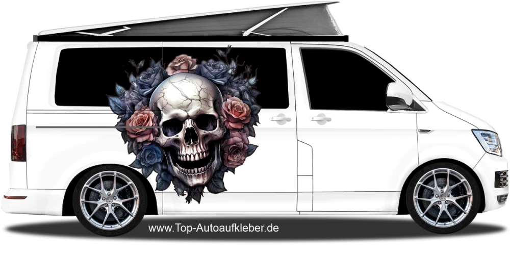 Autosticker Totenschädel mit Rosen auf hellem Campervan