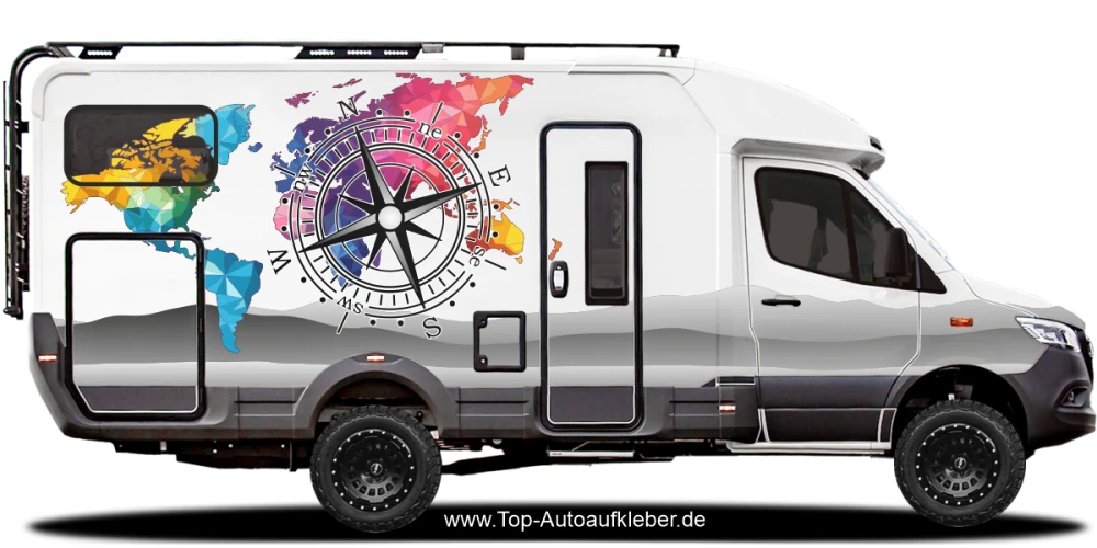Bunte Weltkarte mit Kompass Camper Aufkleber | Set für beide Fahrzeugseiten