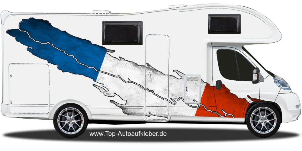 Camper Aufkleber Trikolore Frankreich auf Fahrzeugseite von Wohnmobil