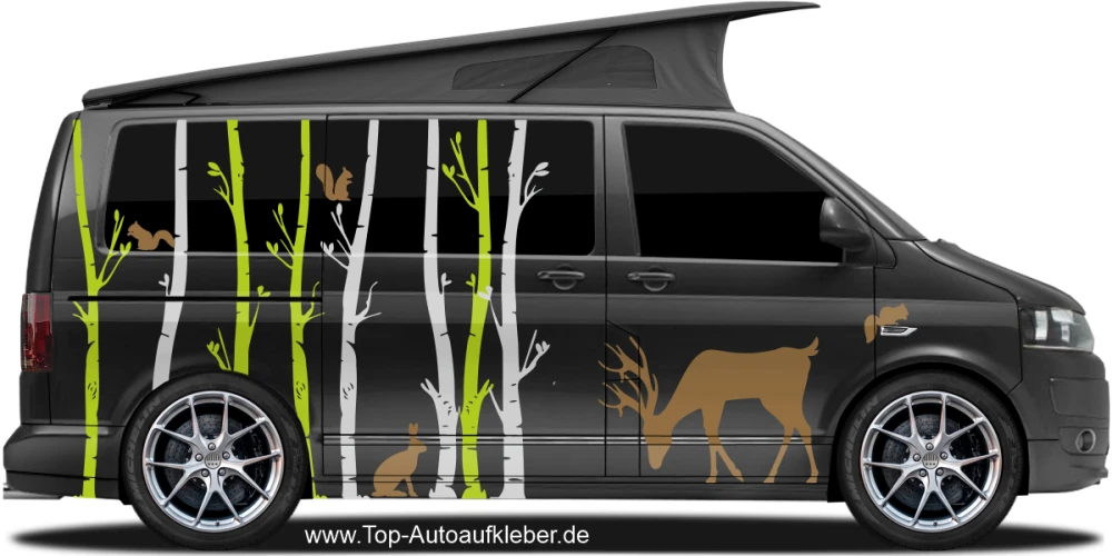 Camperaufkleber Birkenwald auf dunklem Campervan Camperaufkleber Birkenwald auf dunklem Campervan