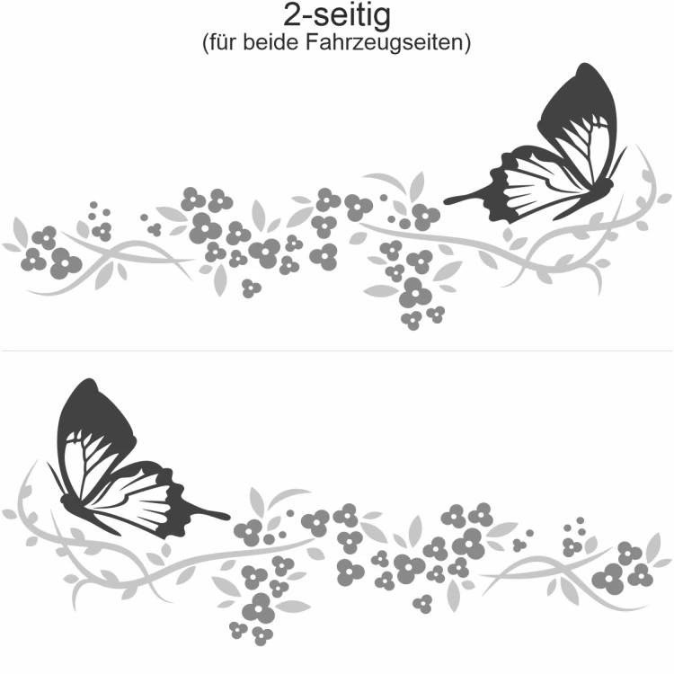Camperaufkleber Blütenzauber und Schmetterling  - Ansicht zweiseitig für beide Fahrzeugseiten