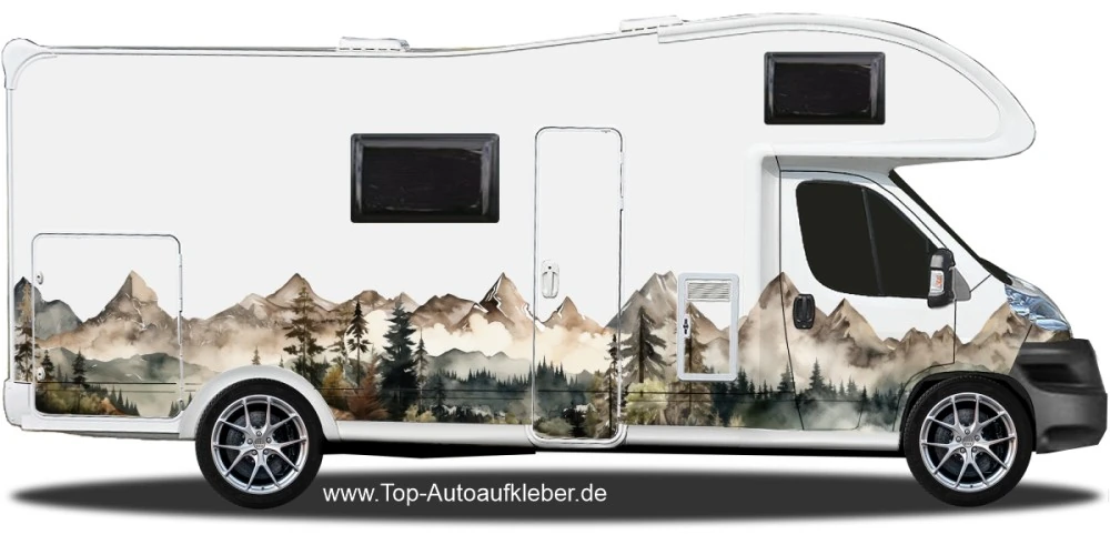 Campervan Aufkleber Malerische Berge auf Fahrzeugseite von Wohnmobil