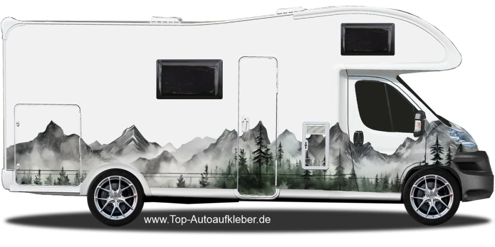 Campervan Aufkleber Nebel Berge auf Fahrzeugseite von Wohnmobil