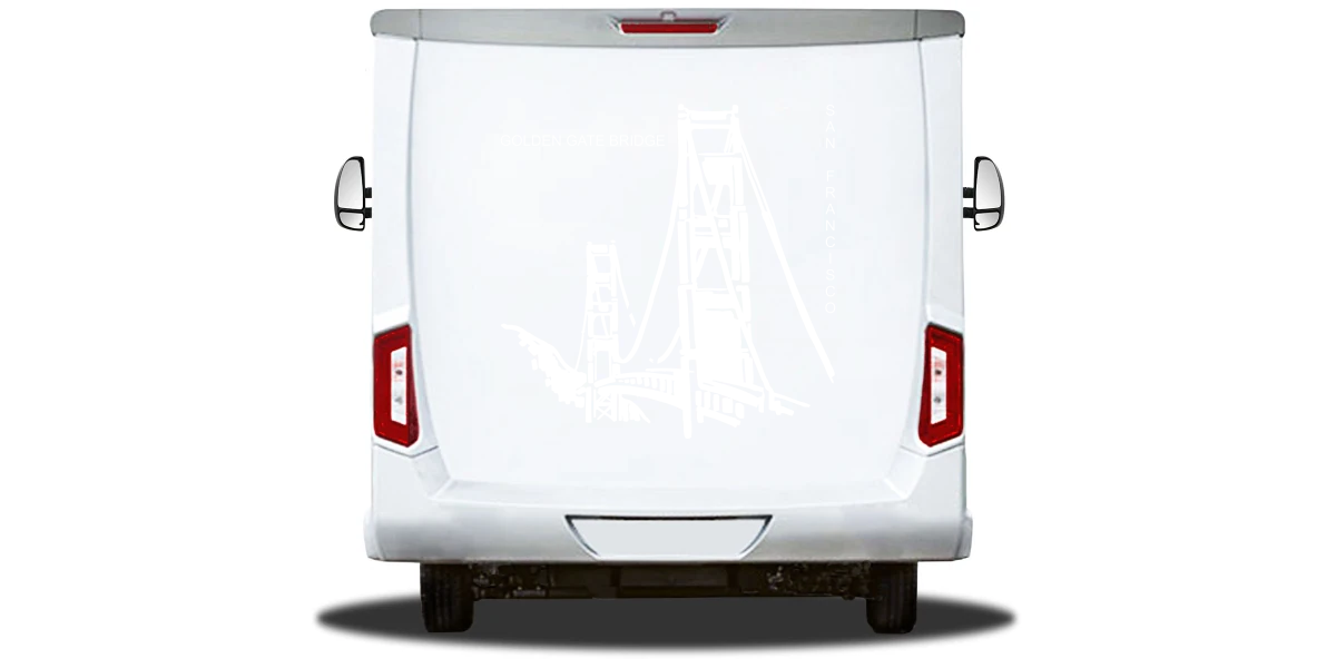 Wohnmobilaufkleber Golden Gate Bridge auf Heck von Wohnmobil oder Wohnwagen - Ansicht Farbauswahl